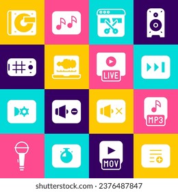 Set Add to playlist, MP3 file, Fast forward, Video recorder editor, Sound audio, Selfie on mobile, Vinyl player with vinyl disk and Live stream icon. Vector