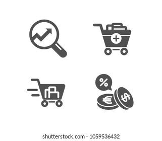 Set of Add products, Shopping cart and Analytics icons. Currency exchange sign. Shopping cart, Online buying, Audit analysis. Euro and usd.  Quality design elements. Classic style. Vector