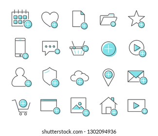 Set of add Related Vector Line Icons. Includes such icons as append, increase, gain, content and more.