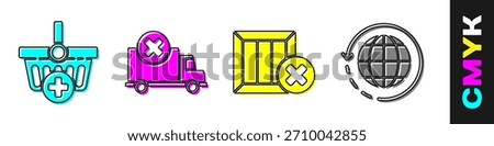 Set Add to Shopping basket, Delivery cargo truck vehicle, Wooden box and delete and Worldwide shipping and box icon. Vector