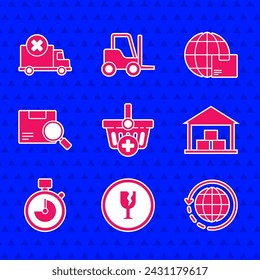 Set Add to Shopping basket, Fragile broken glass, Worldwide shipping and box, Warehouse, Stopwatch, Search package,  and Delivery cargo truck vehicle icon. Vector