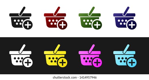 Set Add to Shopping basket icon isolated on black and white background. Online buying concept. Delivery service sign. Supermarket basket symbol. Vector Illustration