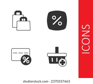Set Add to Shopping basket, Paper shopping bag, Discount card with percent and tag icon. Vector