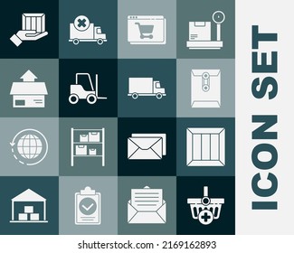 Set Add to Shopping basket, Wooden box, Envelope, Online shopping on screen, Forklift truck, Carton cardboard, Delivery hand with boxes and cargo vehicle icon. Vector