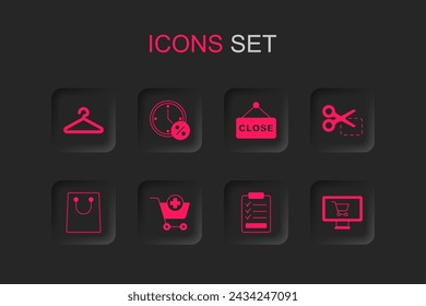 Set Add to Shopping cart, Clock and percent discount, Hanger wardrobe, Clipboard with checklist, Scissors cuts coupon, monitor, Hanging sign text Closed and Paper shopping bag icon. Vector