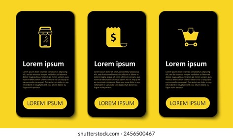 Set Add to Shopping cart, Paper check and financial check and Online shopping on phone. Business infographic template. Vector