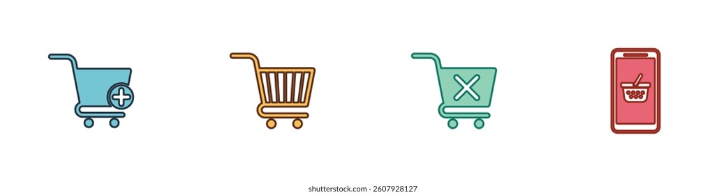 Set Add to Shopping cart, , Remove shopping and Mobile and basket icon. Vector