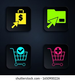 Set Add to Shopping cart, Shoping bag and dollar, Shopping cart with check mark and Cursor click document folder. Black square button. Vector
