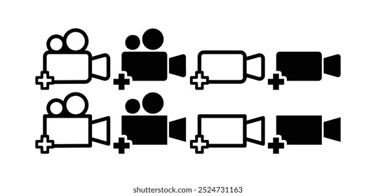 conjunto de adicionar mídia de vídeo mais ícone de sinal vetor design simples plana preto branco coleção de ilustrações isolada
