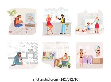 Set of Addicted and Bad habits people. Unhealthy lifestyle. Alcoholism drug addiction smoking gambling smartphone shopping and food addictions. Flat Art Vector illustration