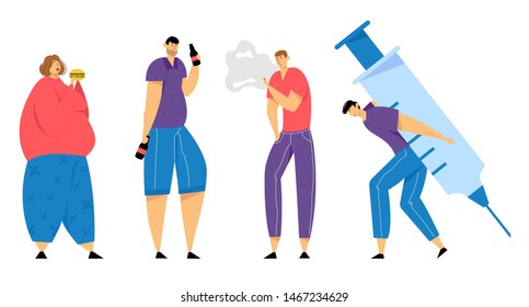 Juego de personajes humanos adictos, sobrealimentación, tabaco, adicción a las drogas y el alcohol, malos hábitos, autodestrucción, problemas de salud de los personajes masculinos y femeninos, ilustración de vectores planos de caricaturas de dependencia