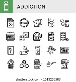 Set of addiction icons such as Drug container, Prescription, No entry, Dice, Drugs, Slot machine, Cigarette, Pills, Card game, Drunk, Lotto, Poker chip, Smoking pipe , addiction