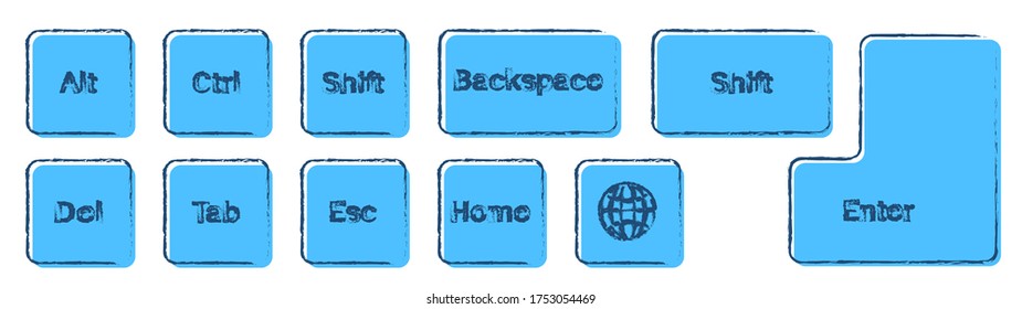 set of additional keyboard keys on a white background. Alt, Ctrl, Enter, Backspace, Esc, globe, Shift drawn in ink and blue colors. Isolated vector