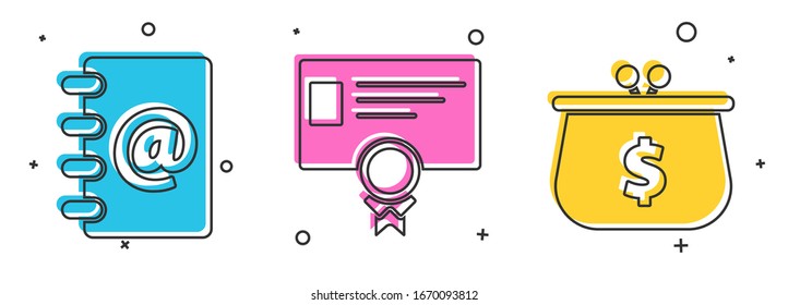 Set Address book, Certificate template and Wallet with dollar symbol icon. Vector