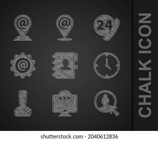 Set Address book, Chat messages notification on monitor, Create account screen, Clock, Stamp, Mail and e-mail, Telephone 24 hours support and Location icon. Vector