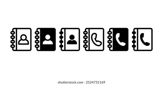 set of address book contact call icon vector design sign symbol black white color illustration 