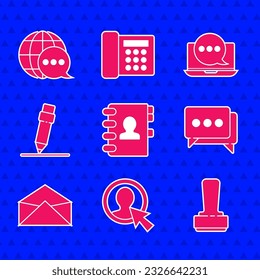 Set Address book, Create account screen, Stamp, Speech bubble chat, Envelope, Pencil with eraser, Chat messages notification on laptop and World map made from speech icon. Vector