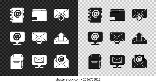 Set Address book, Document folder, Envelope setting, and pen, Speech bubble with envelope, Mail e-mail, on speech and Delete icon. Vector