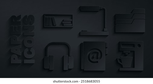 Set Address book, Document folder, Headphones, Coffee machine, Table lamp and Shelf with books icon. Vector