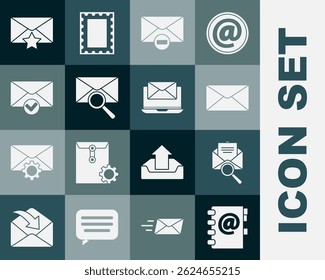 Set Address book, Envelope with magnifying glass, Delete envelope, and check mark, star and Laptop icon. Vector
