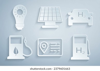 Set Address book, Hydrogen car, Bio fuel with fueling nozzle, filling station, Solar energy panel and  icon. Vector