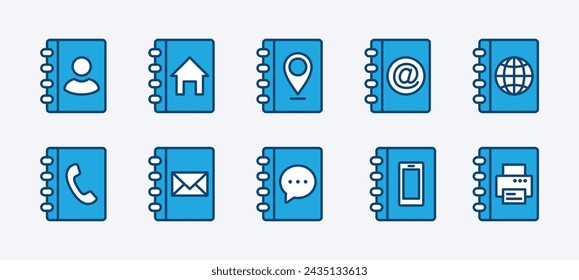 Conjunto de iconos de libreta de direcciones. Conteniendo contacto, usuario, ubicación del hogar, correo, correo electrónico, correo electrónico, sitio web, teléfono, móvil, fax para aplicación y sitio web. Ilustración de vector