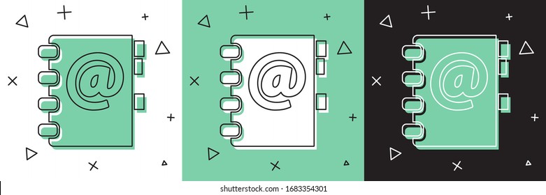 Set Address book icon isolated on white and green, black background. Notebook, address, contact, directory, phone, telephone book icon.  Vector Illustration
