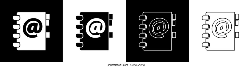 Set Address book icon isolated on black and white background. Notebook, address, contact, directory, phone, telephone book icon.  Vector Illustration