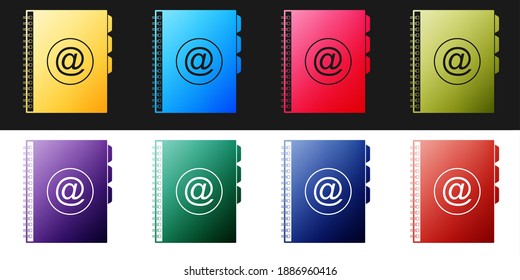 Set Address book icon isolated on black and white background. Notebook, address, contact, directory, phone, telephone book icon. Vector.