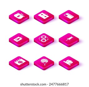 Set Address book, Magnifying glass with globe, Identification badge, Gear and arrows workflow process concept, Users group, Push pin, Envelope and Briefcase icon. Vector