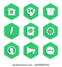 Set Address book, Megaphone, Speech bubble chat, Mail and e-mail, Create account screen, Pencil with eraser, Envelope and House icon. Vector