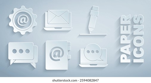 Set Address book, Pencil with eraser, Speech bubble chat, Chat messages notification on laptop, Laptop envelope and Mail and e-mail icon. Vector
