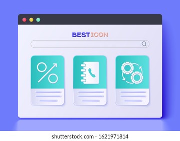 Set Address book, Percent up arrow and Gear and arrows as workflow process concept icon. Vector