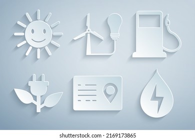 Fijar la libreta de direcciones, la gasolinera o la gasolinera, el enchufe de ahorro eléctrico en la hoja, la energía de agua, la bombilla con turbina eólica y el icono de sonrisa solar. Vector