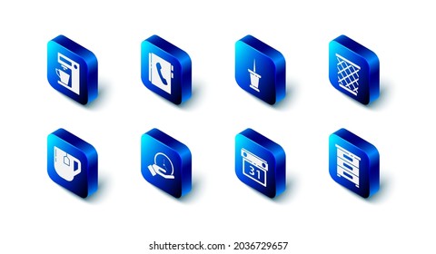 Set Address Book, Push Pin, Trash Can, Drawer With Documents, Calendar, Clock, Cup Of Tea Tea Bag And Coffee Machine Icon. Vector