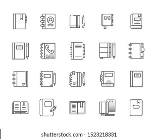 Set of Address book Related Vector Line Icons. Includes such Icons as Notepad, book, reference book, dictionary, diary, record, reminder, phone, note - vector
