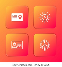 Set Address book, Solar energy panel, Identification badge and Rotating wind turbine icon. Vector