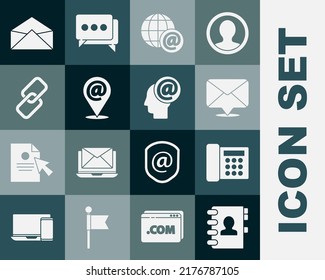 Set Address book, Telephone, Envelope, Earth globe with mail, Location and and e-mail, Chain link,  and Mail icon. Vector