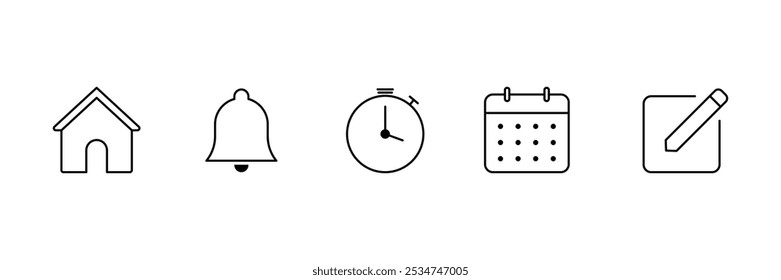 Set of Address icon. Home, Notification bell, Timer, calendar, Edit pen symbol. Vector Illustration.