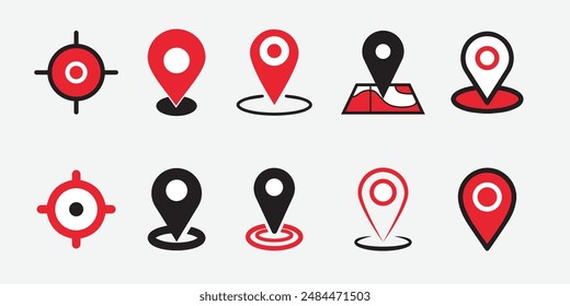 Set Of Address place icon symbol. Location icon collection with red and black color