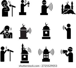 Conjunto de iconos de llamada adhan a la oración, colección de símbolos de mezquita islámica y muezzin, grupo de Ilustraciones vectoriales planas, agregar azan, minarete, tiempo de oración, adoración musulmana, ícono negro