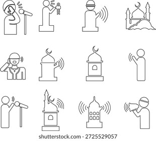 Conjunto de iconos de llamada adhan a la oración, colección de símbolos de mezquita islámica y muezzin, grupo de Ilustraciones vectoriales de línea, agregar azan, minarete, tiempo de oración, adoración musulmana, ícono negro