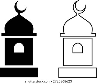 Conjunto de adhan chamada para ícones de oração, coleção de mesquita islâmica e símbolos muezzin, grupo de linhas planas de ilustrações vetoriais, adicionar azan, minarete, tempo de oração, culto muçulmano, ícone preto