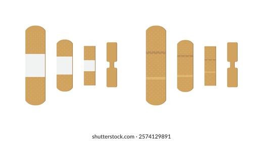 Set of adhesive bandages for wounds, various shapes and sizes, flat design, isolated on white background