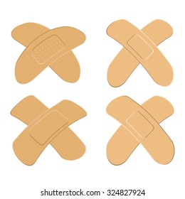Set of Adhesive, flexible, fabric plaster . Medical bandage in different shape - curved cross. Vector illustration isolated on white background.