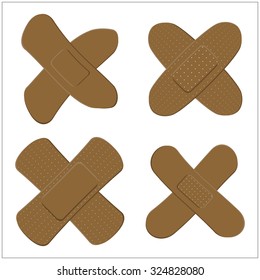 Set of Adhesive, flexible, fabric plaster for dark skin. Medical bandage in different shape - curved cross. Vector illustration isolated on white background.