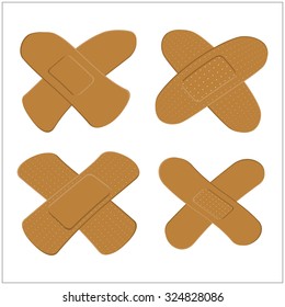 Set of Adhesive, flexible, fabric plaster for dark skin. Medical bandage in different shape - curved cross. Vector illustration isolated on white background.