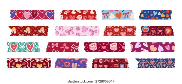Un conjunto de cintas adhesivas de papel con varios patrones de amor. Cinta de washi decorativa para tarjetas de San Valentín o scrapbooking. Vector.