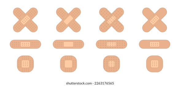 Set of adhesive plaster bandage elastic. Medical patches for light skin. Isolated vector illustration on white background.