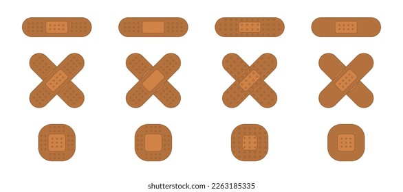 Juego de vendas adhesivas de escayola elástica. Parches médicos para piel oscura media. Ilustración vectorial aislada sobre fondo blanco.